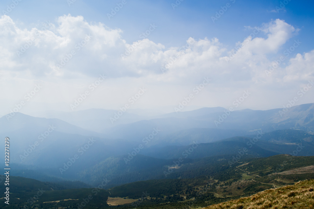 Fototapeta premium View from the top of the mountain Hoverla, Carpathian Mountains. Hoverla (2061 m) - the highest mountain and the highest peak in the territory of Ukraine.