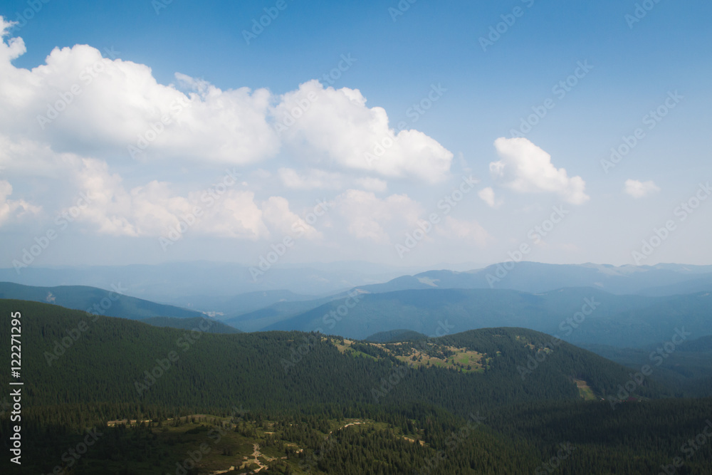 View from the top of the mountain Hoverla, Carpathian Mountains. Hoverla (2061 m) - the highest mountain and the highest peak in the territory of Ukraine.
