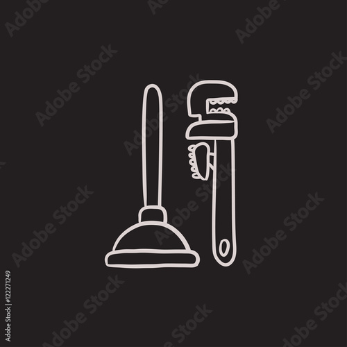 Pipe wrenches and plunger sketch icon.