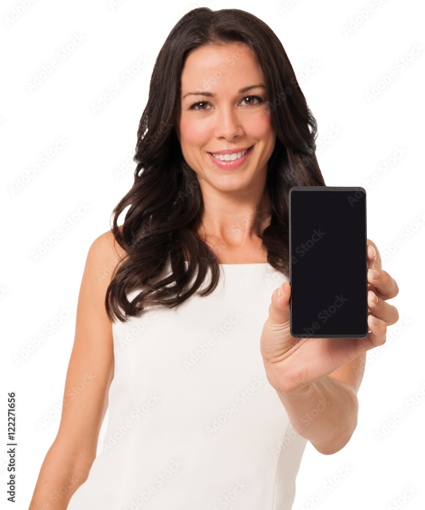 Stylish young woman with mobile phone on white Stylish young woman with mobile phone on white