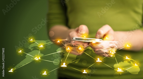 Smart woman holding telephone with social media network connecti