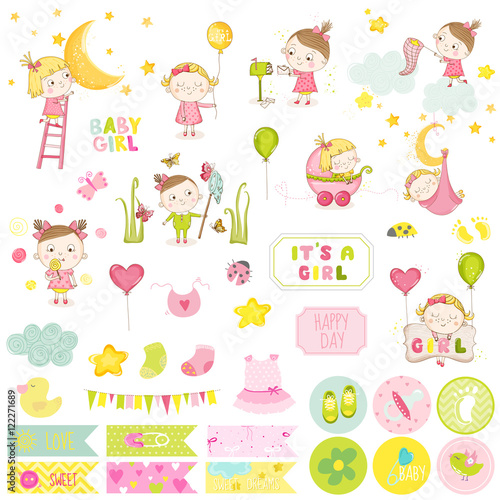 Сute Baby Girl Scrapbook Set. Vector Scrapbooking. Decorative Elements