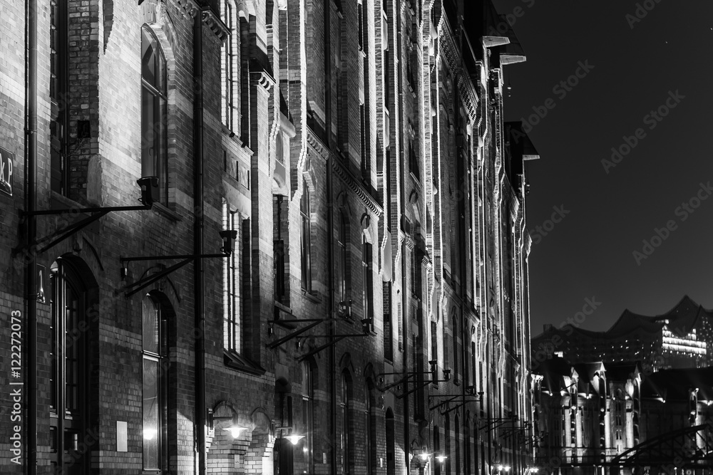 Closeup of a building in Hamburg Warehouse District at night in black and white
