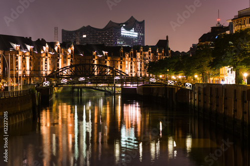 Hamburg Warehouse District with reflections at night