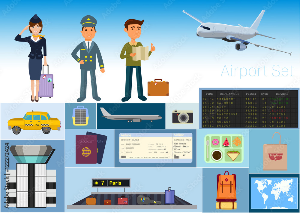 Airport set vector / Stewardess and pilot / tourist with map / Departure flight information board / aviation themed / airport tower / luggage carousel / Planning Vacation Tourism and Journey Symbol
