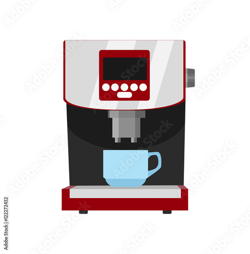 Fototapeta Naklejka Na Ścianę i Meble -  Office coffee machine vector illustration in flat style. Coffee maker with cup. Home coffee machine isolated on white background. Appliances