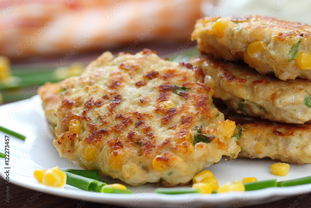 Chicken cutlets with sweet corn and fresh greens