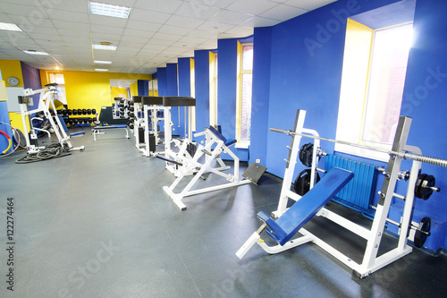 Interior of a fitness hall with sport equipment