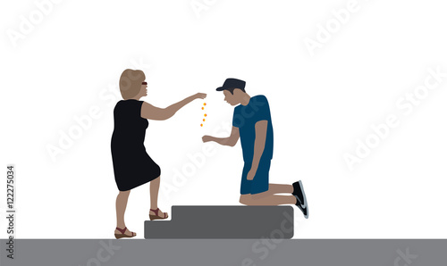 Good woman delivers disabled beggar for food. Vector Illustr