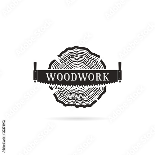 Vector illustration, mark, logo for design. The cut wood with a saw. Sign of Lumberjack, Woodwork.