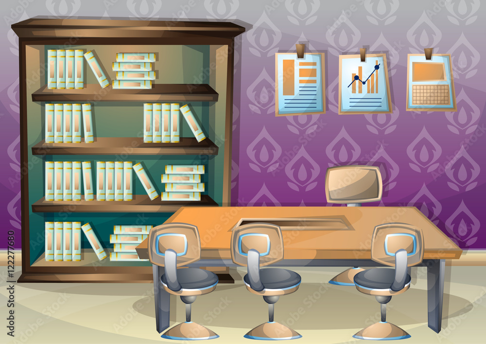 cartoon vector illustration interior library room with separated layers in 2d graphic