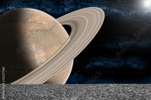 Fototapeta Naklejka Na Ścianę i Meble -  View of planet with rings and the universe from the moon's surface.