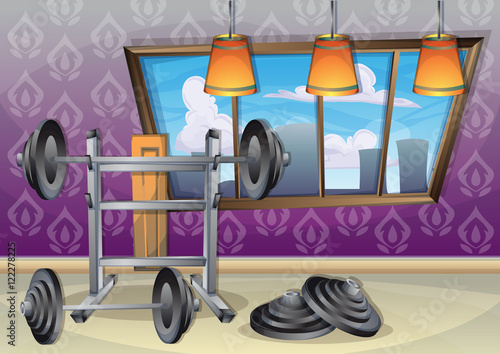 cartoon vector illustration interior fitness room with separated layers in 2d graphic