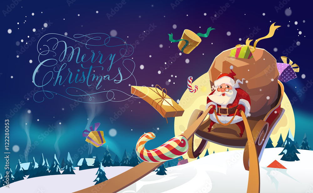 Fototapeta premium Santa with the bunch of presents riding on a sleigh in the winter forest. Polar Lights in the background. Winter village. Merry Christmas Lettering. Vector illustration.