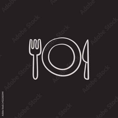Plate with cutlery sketch icon.