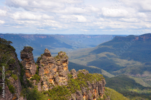 The Three Sisters is a rock formation in the Blue Mountains of New South Wales, Australia, on the north escarpment of the Jamison Valley near Katoomba photo