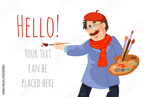 Vector character. Cheerful artist paints with brush the text 