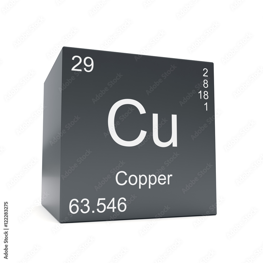 Copper chemical element symbol from the periodic table displayed on black cube