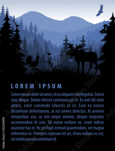 vector forest background design template with mountains and animals