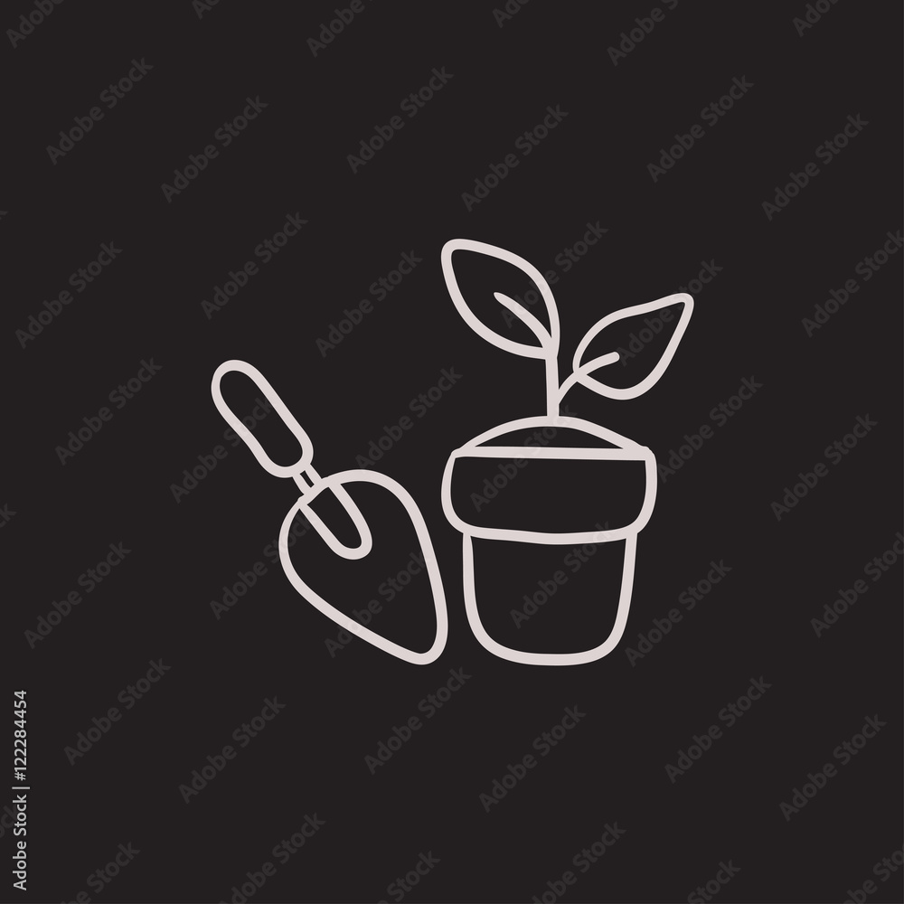 Garden trowel and pot with plant sketch icon. Garden trowel and pot with plant sketch icon.