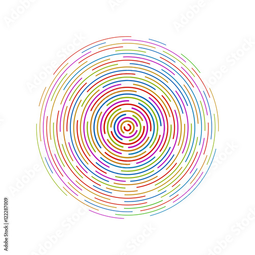 Colorful dashed random concentric circles. Isolated on white background. Vector illustration, eps 10.