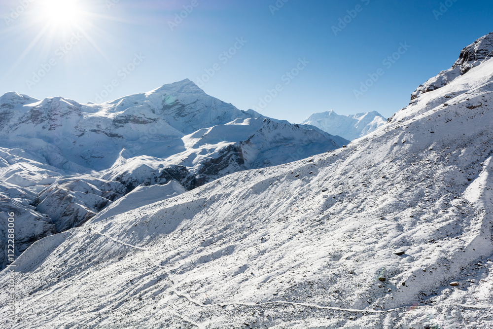 Snow covered mountain panorama.