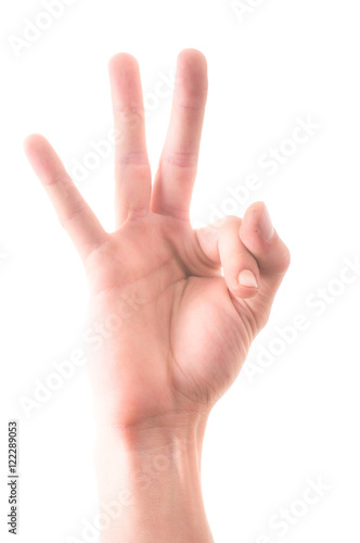 Letter 'F' in sign language, on a white background © Fotos 593