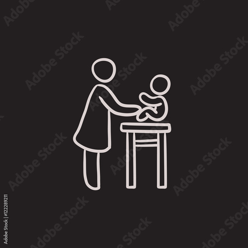 Woman taking care of baby sketch icon.