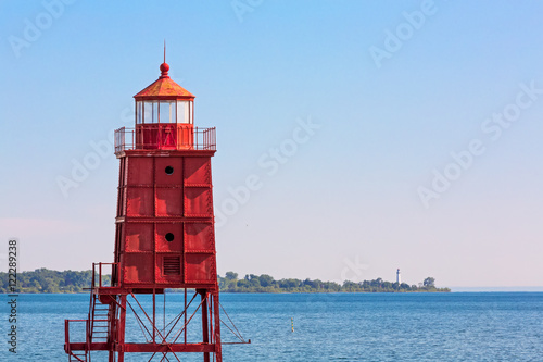 Two Wisconsin Lighthouses - Racine Breakwater Light and Wind Point Lighthouse on the horizon