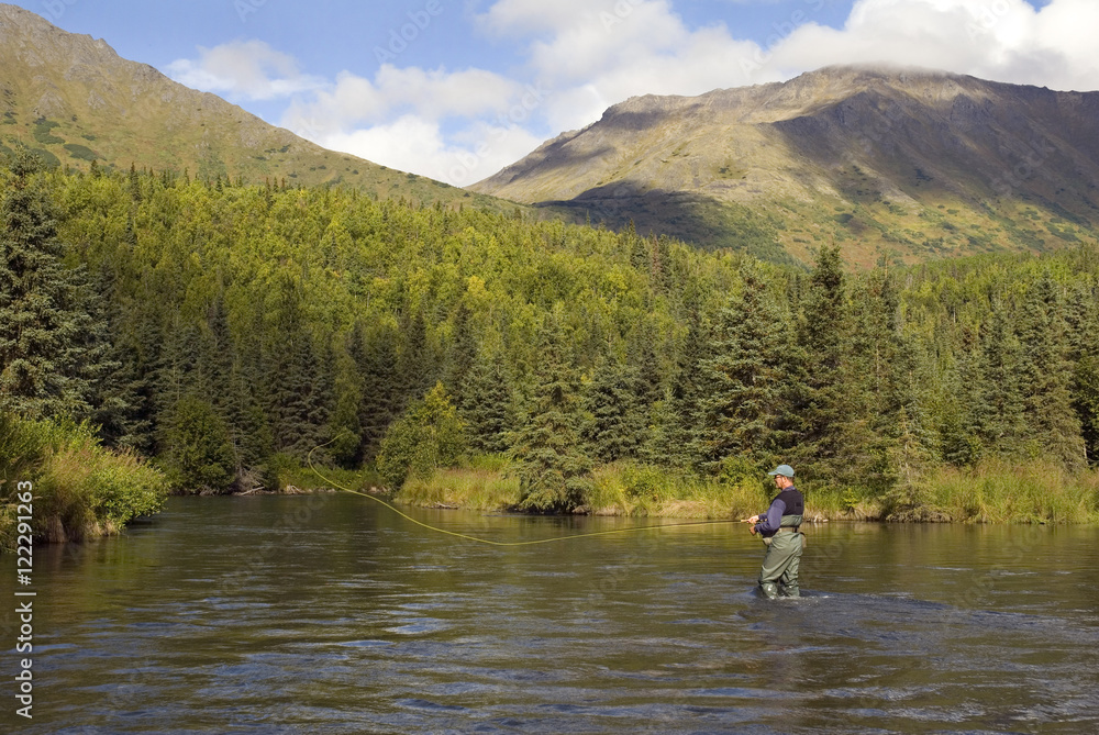 Fly Fisherman Casting For Dolly Varden Quartz Creek Kenai Peninsula Alaska Fall Fly Fisherman Casting For Dolly Varden Quartz Creek Kenai Peninsula Alaska Fall
