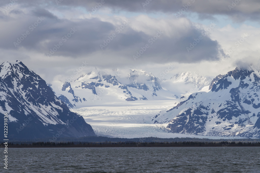 A view of sheridan glacier and the chugach mountains with blue sky and white clouds from the copper river flats;Cordova alaska united states of america A view of sheridan glacier and the chugach mountains with blue sky and white clouds from the copper river flats;Cordova alaska united states of america