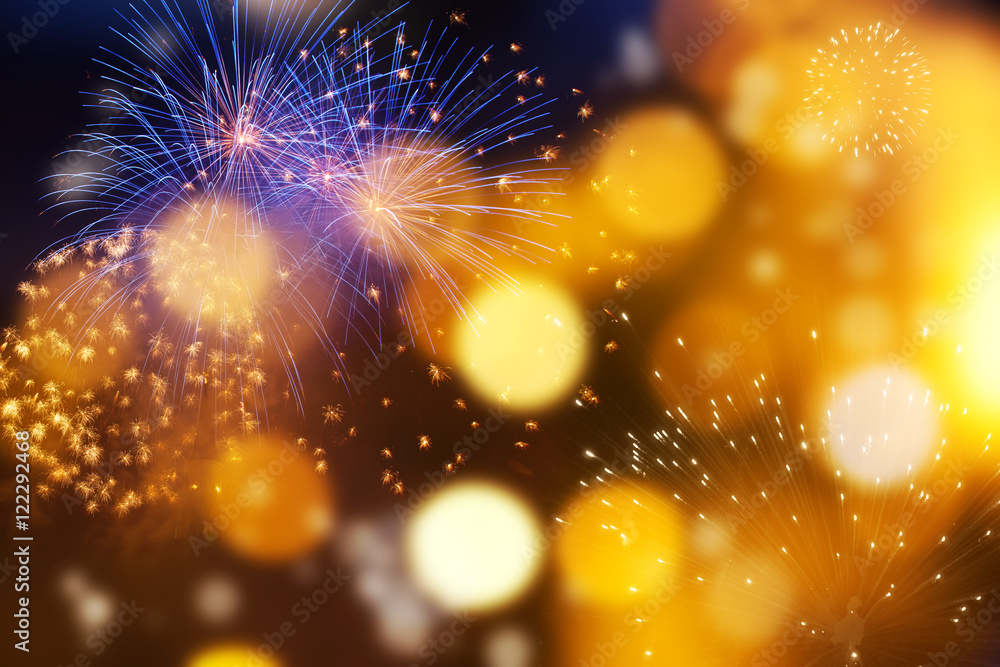 Abstract holiday background - fireworks at New Year and copy spa