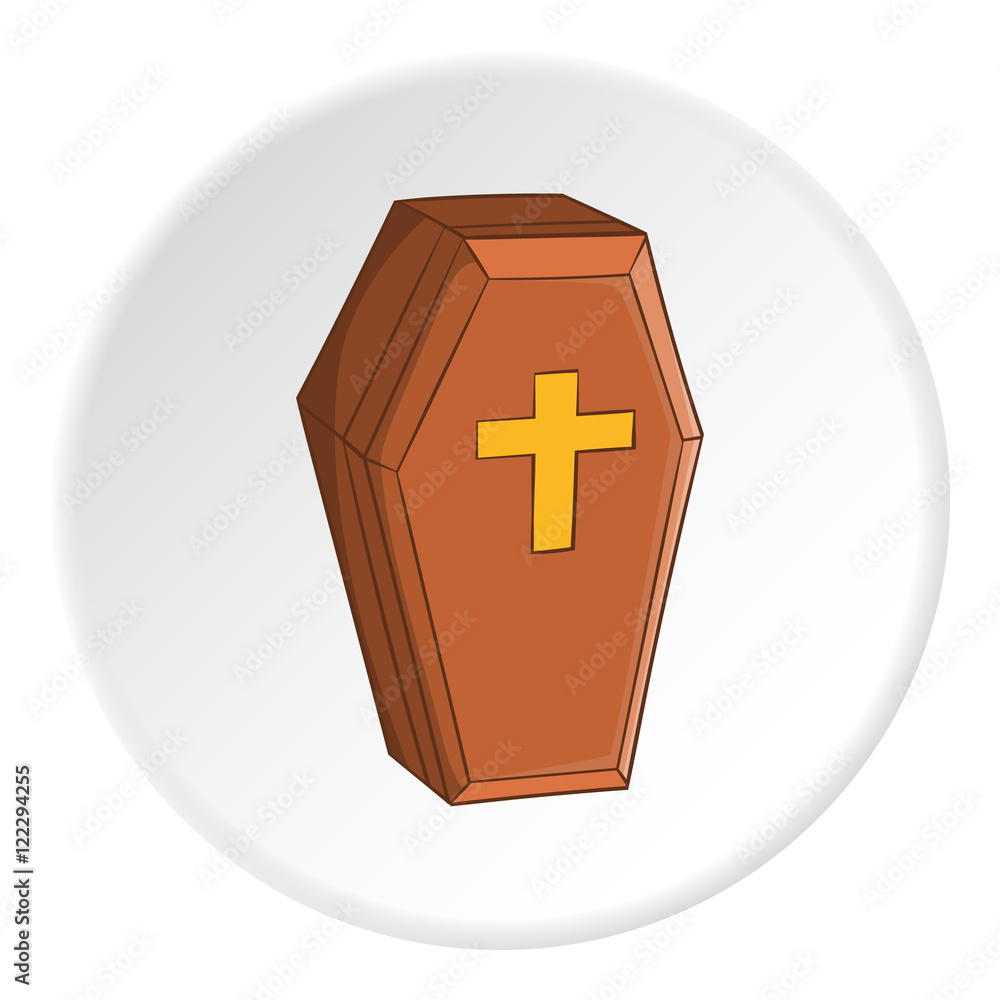Fototapeta premium Coffin icon in cartoon style on white circle background. Death symbol vector illustration