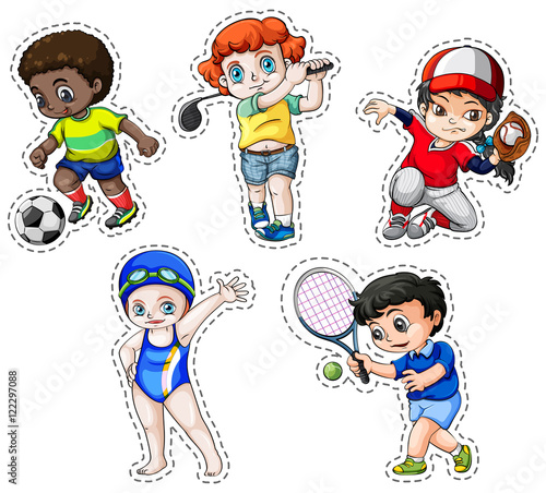 Sticker set of children playing sports