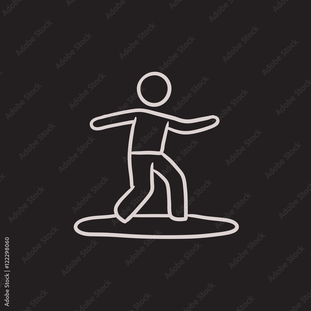 Male surfer riding on surfboard sketch icon. Male surfer riding on surfboard sketch icon.
