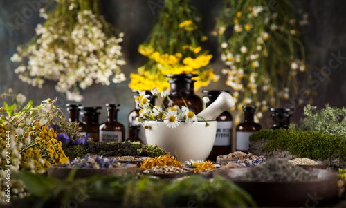 Alternative medicine, dried herbs and mortar on wooden desk back