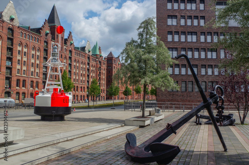 HAMBURG, GERMANY - JULY 18.2016: Famous Speicherstadt warehouse district with anchor and buoy