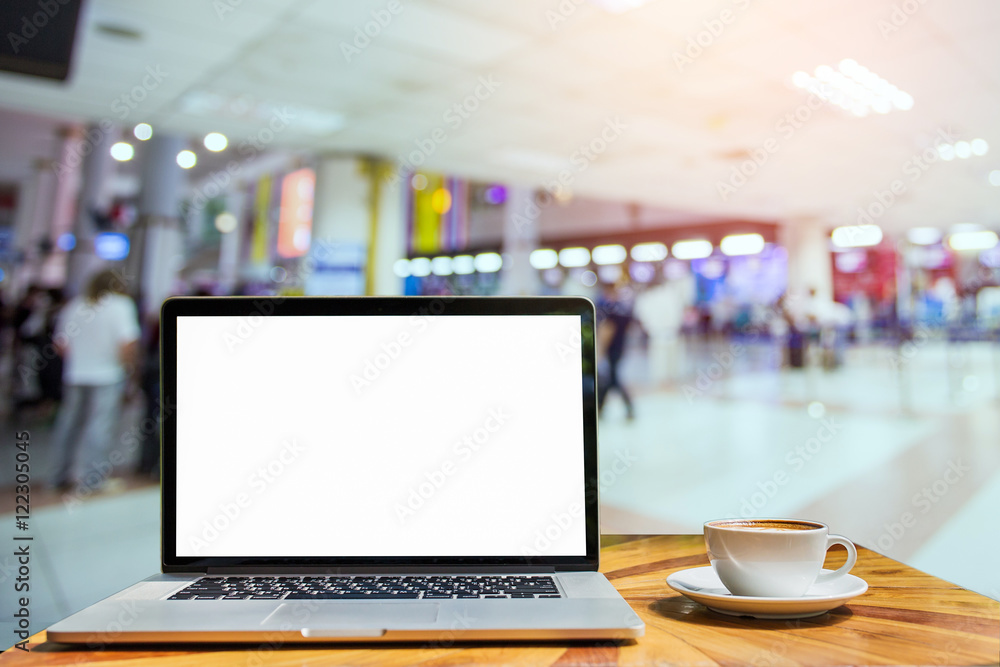 laptop for blank and coffee on a table showing break or breakfas laptop for blank and coffee on a table showing break or breakfas
