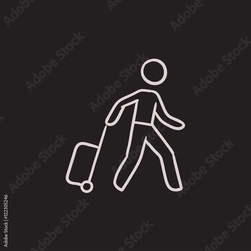 Man with suitcase sketch icon.