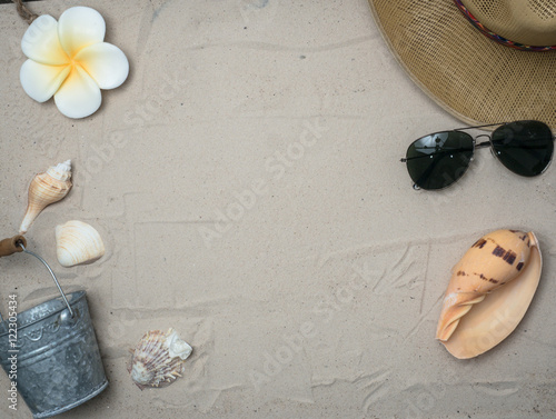 Summer vacation accessories on sandy ocean beach, Summertime Lifestyle objects flat lay top view 