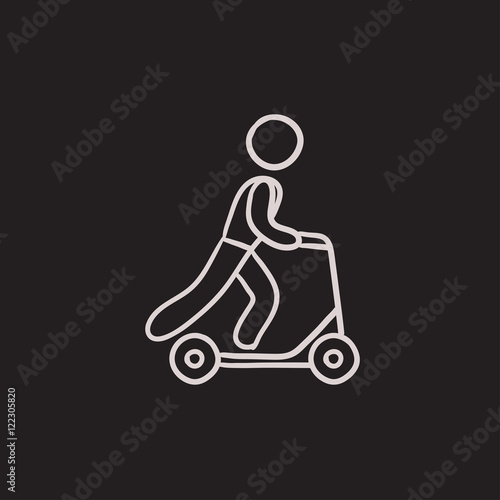 Man riding kick scooter sketch icon.