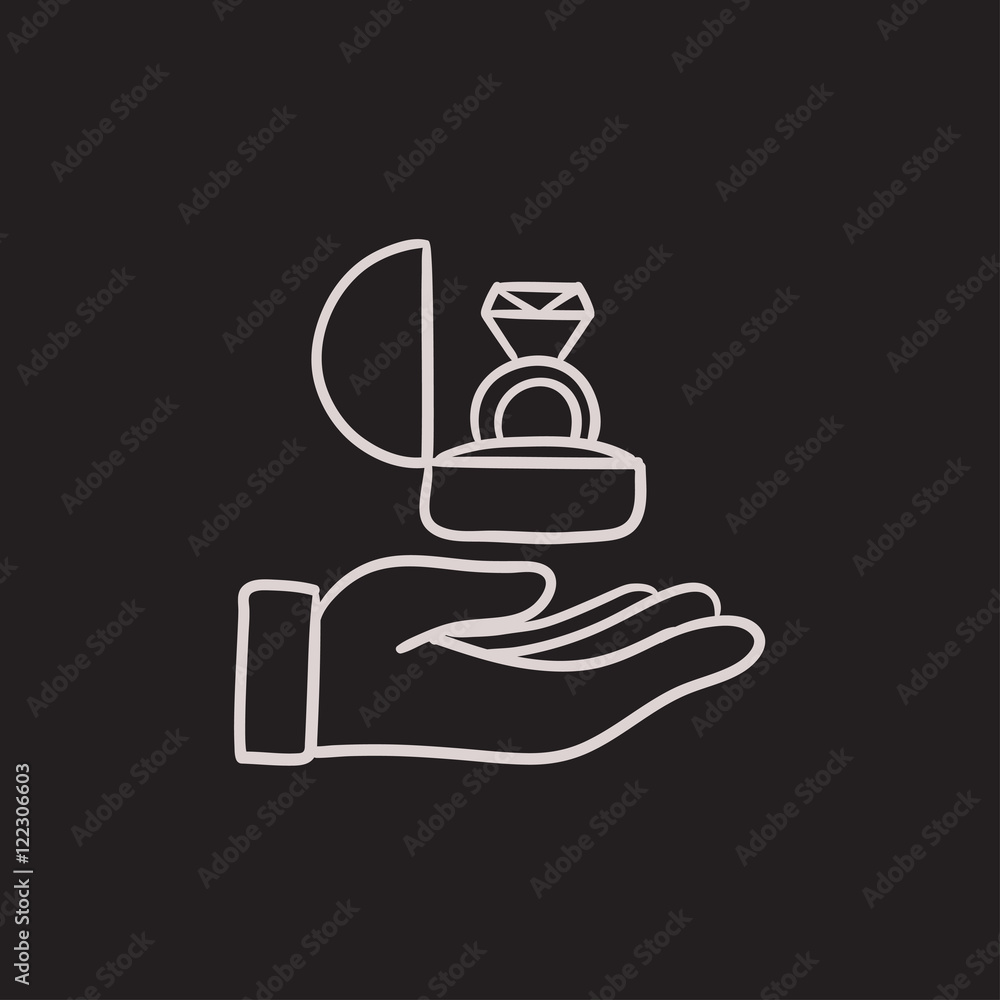 Hand holding gift box with ring sketch icon. Hand holding gift box with ring sketch icon.
