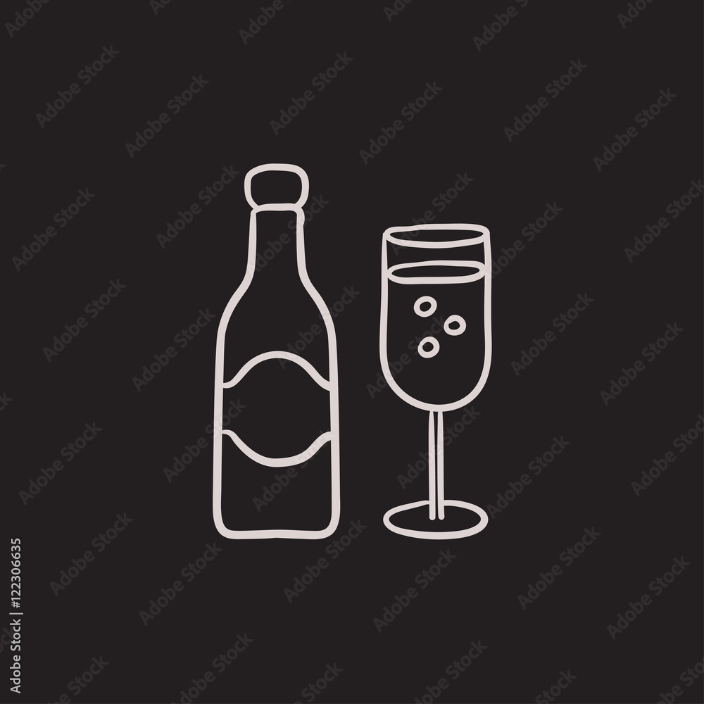Champagne bottle and two glasses sketch icon. Champagne bottle and two glasses sketch icon.