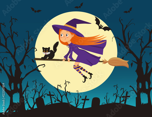 Cute little girl witch with a kitten flying on a broom