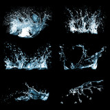 High Speed Water Splash Collection on Black Background  Transparent Fluid Effects Pack.  Set of 6 high speed water splash images on black background.