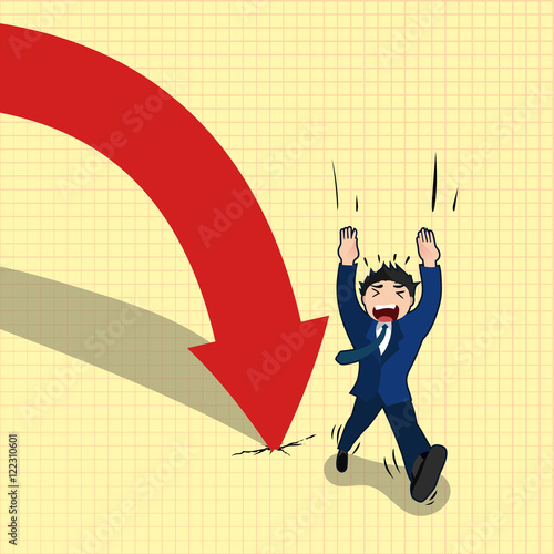 business man escape from falling arrow, business concept in bankruptcy or going down economy