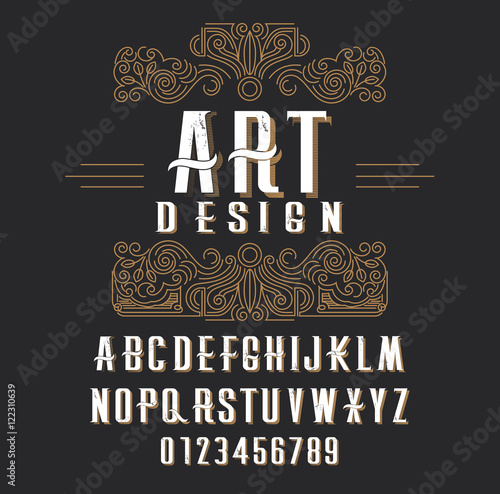 Retro type font, type letters, numbers and floral frame with copy space for text or letter - emblem for fashion, beauty and jewelry industry