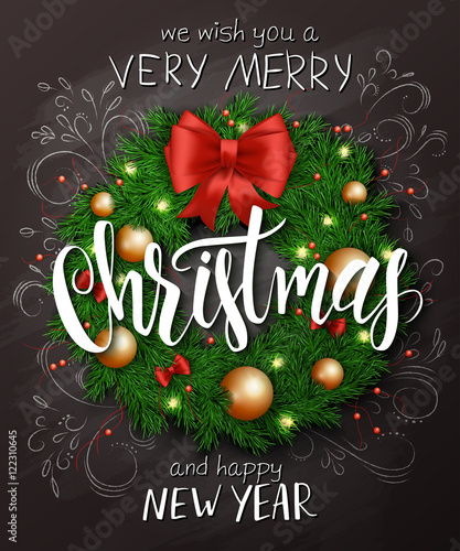 Vector christmas poster with christmas decoration spruce wreath with christmas ornaments, bows, and lettering greetings text.