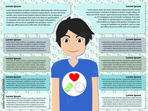 vector Illustration of heart money and timing inside man with sample text area, infographic concept