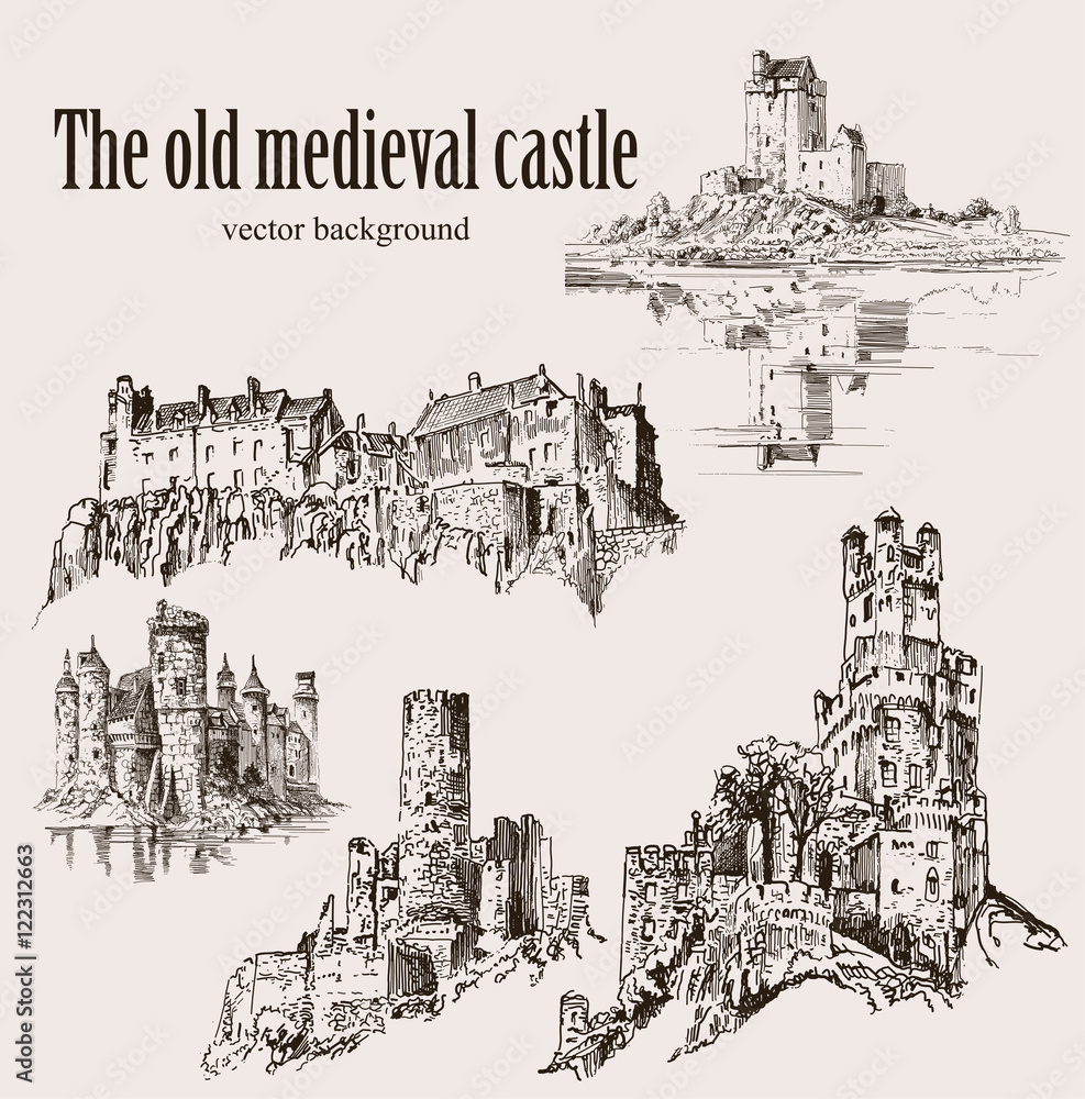 Set medieval castles Isolated on white background. Graphic drawing.